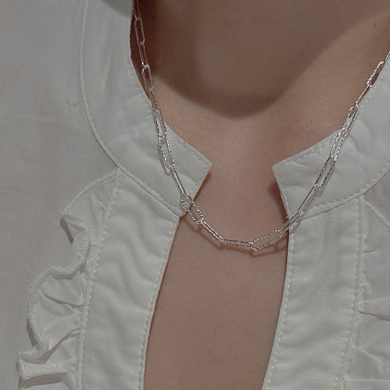 Wholesale 925 Sterling Silver Hammered Paperclip Chain Minimalist Rectangular Adjustable Necklace - Image 6