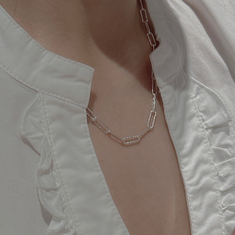 Wholesale 925 Sterling Silver Hammered Paperclip Chain Minimalist Rectangular Adjustable Necklace - Image 4