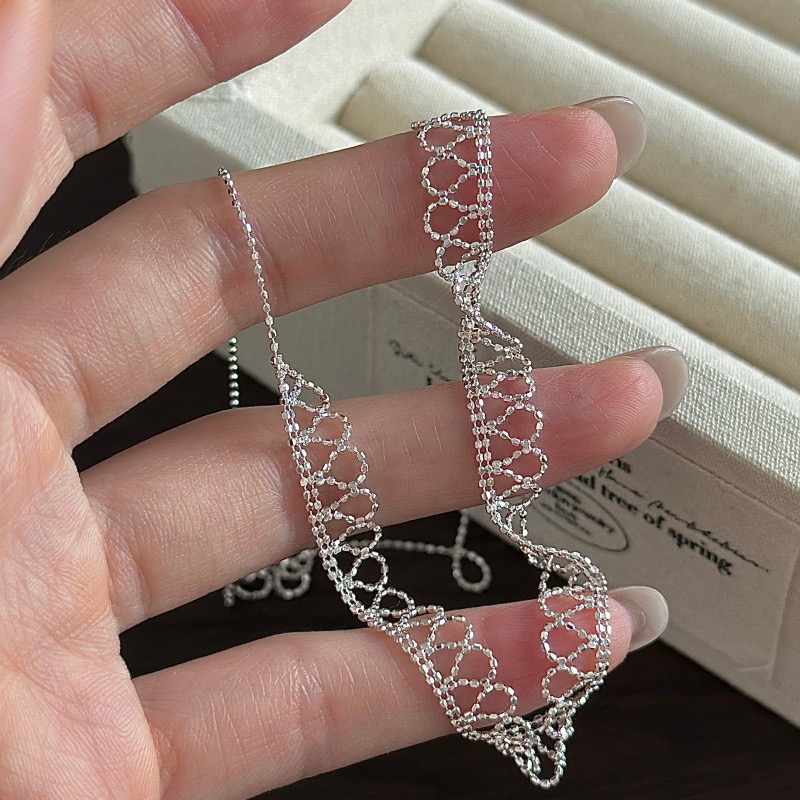 Wholesale 925 Sterling Silver Hollow Out Lace Silver Choker Necklace Retro Filigree Collar - Image 2