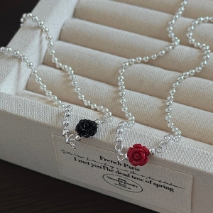 Wholesale 925 Sterling Silver Red & Black Resin Rose Charm Beaded Ball Chain Necklace