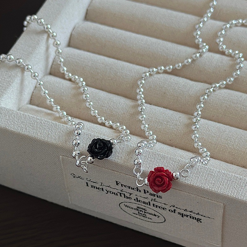 Wholesale 925 Sterling Silver Red & Black Resin Rose Charm Beaded Ball Chain Necklace