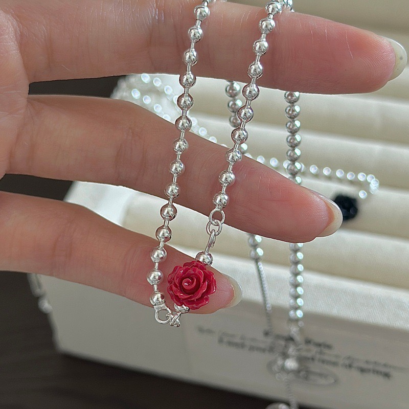 Wholesale 925 Sterling Silver Red & Black Resin Rose Charm Beaded Ball Chain Necklace - Image 2
