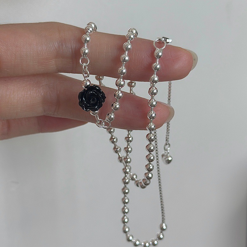 Wholesale 925 Sterling Silver Red & Black Resin Rose Charm Beaded Ball Chain Necklace - Image 3