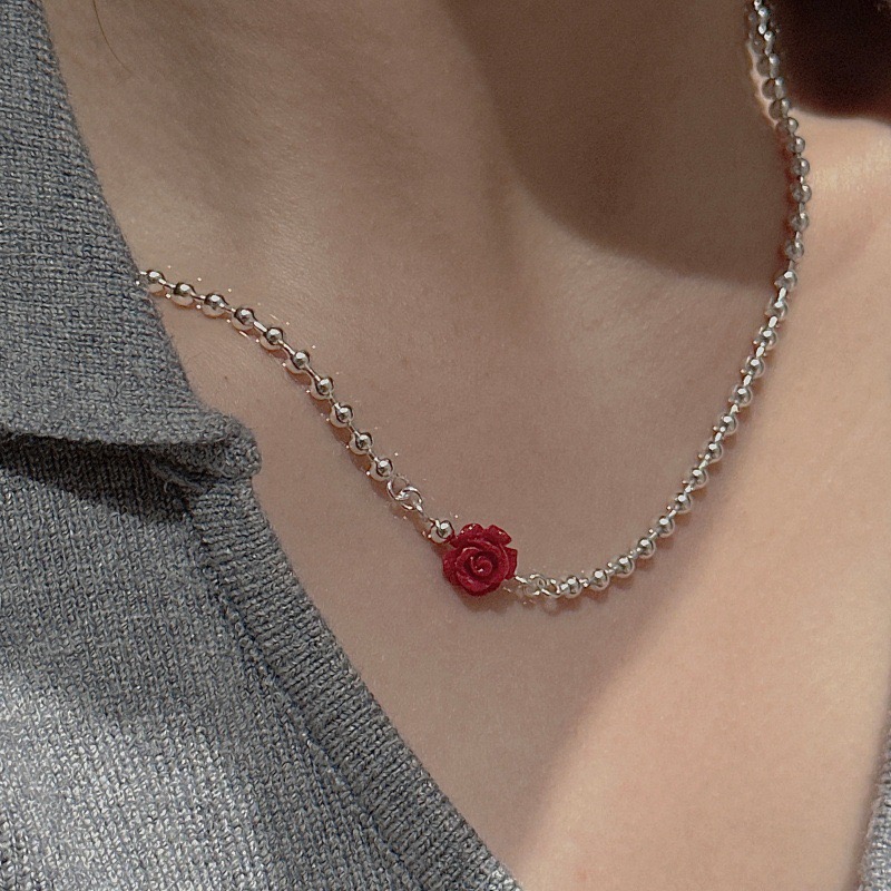 Wholesale 925 Sterling Silver Red & Black Resin Rose Charm Beaded Ball Chain Necklace - Image 6