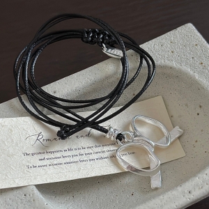 Wholesale 925 Sterling Silver  Hollow Bow Pendant Necklace with Black Leather Cord