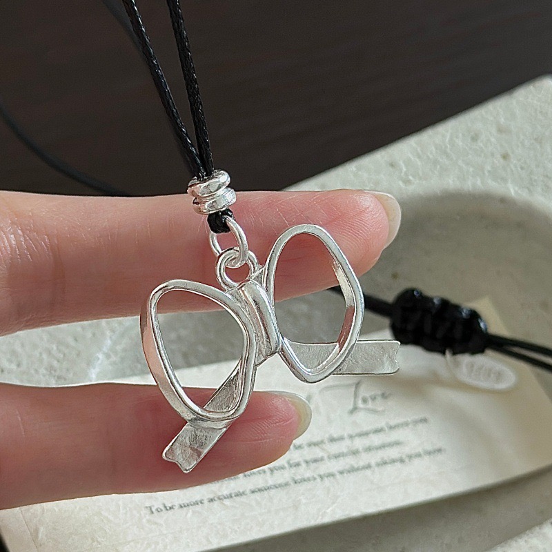 Wholesale 925 Sterling Silver Hollow Bow Pendant Necklace with Black Leather Cord - Image 3