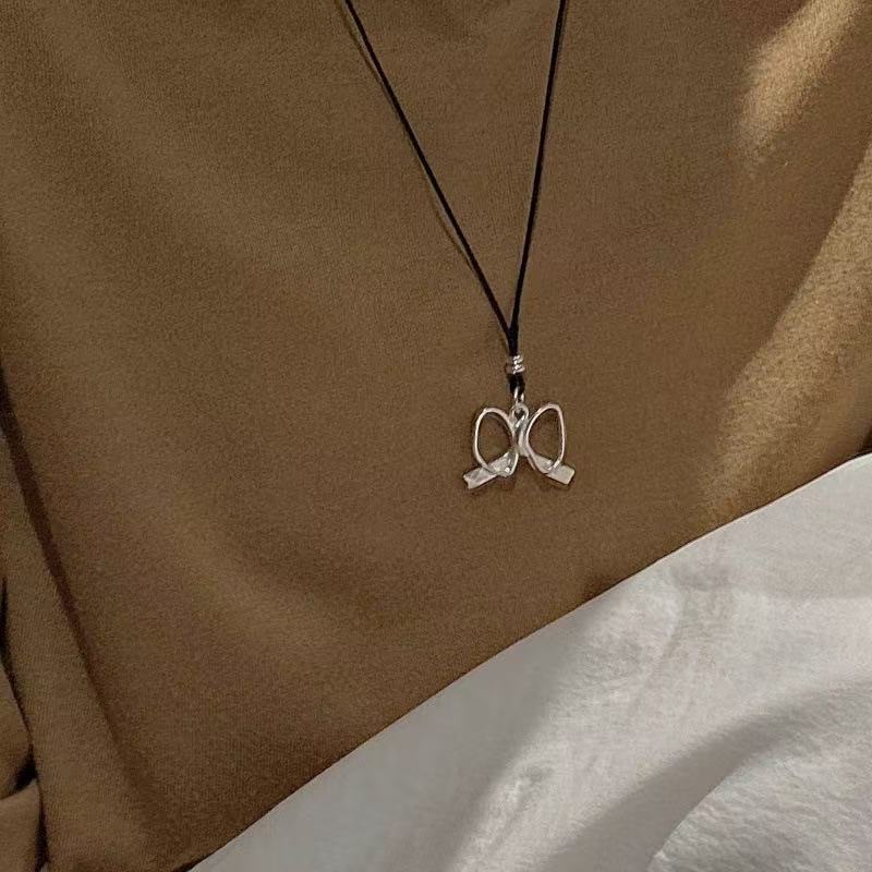 Wholesale 925 Sterling Silver Hollow Bow Pendant Necklace with Black Leather Cord - Image 6