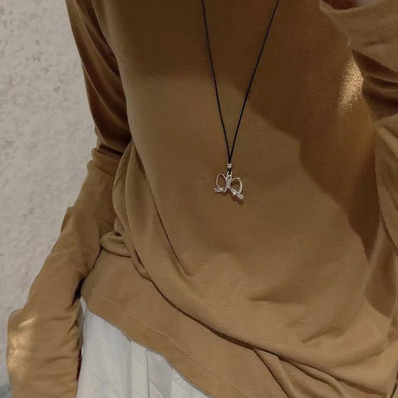Wholesale 925 Sterling Silver Hollow Bow Pendant Necklace with Black Leather Cord - Image 4