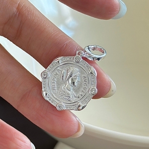Wholesale 925 Sterling Silver Octagonal Ancient Coin Charm Pendant, Crispina Replica Medallion with CZ Stones