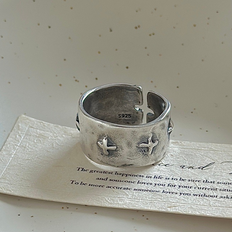Wholesale 925 Sterling Silver Oxidized Wide Open Hammered Cross Textured Adjustable Ring