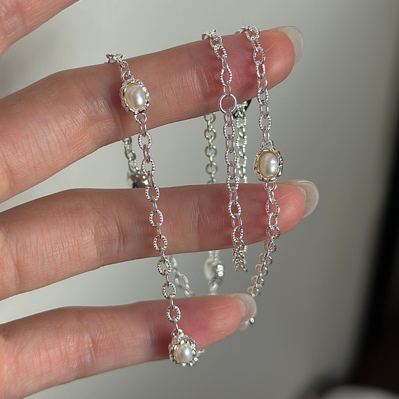 Wholesale 925 Sterling Silver Retro Bezel Oval Pearl Silver Necklace - Image 3