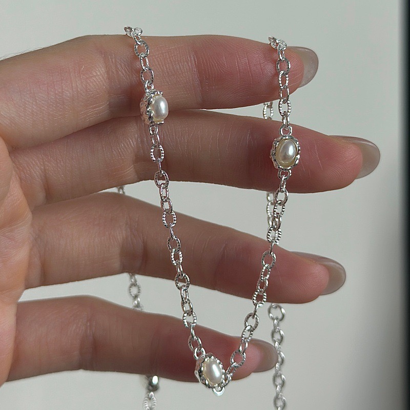 Wholesale 925 Sterling Silver Retro Bezel Oval Pearl Silver Necklace - Image 2