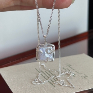 Wholesale 925 Sterling Silver Square Baroque Pearl Pendant Frame Necklace