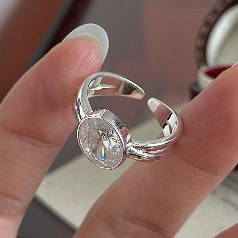 Wholesale 925 Sterling Silver Adjustable Oval Bezel Set Cubic Zirconia Open Ring - Image 2