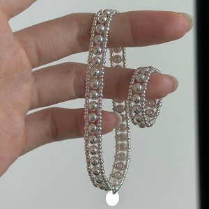 Wholesale 925 Sterling Silver Multi-row Ball Bead Elastic Stretch Bracelet & Ring Set