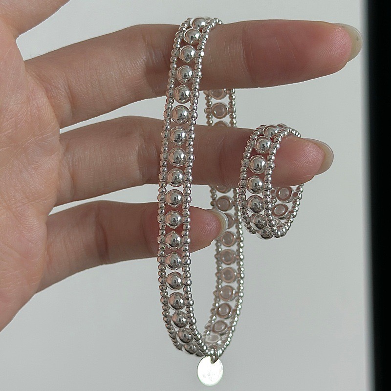 Wholesale 925 Sterling Silver Multi-row Ball Bead Elastic Stretch Bracelet & Ring Set