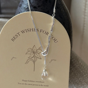Wholesale 925 Sterling Silver Wavy Bar Teardrop Clear Quartz Pendant Y-drop Long Sweater Necklace