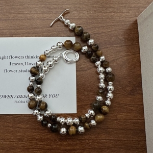 Wholesale 925 Sterling Silver Tiger Eye Stone Silver Beaded OT Clasp Necklace