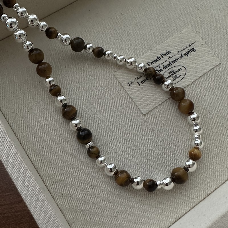 Wholesale 925 Sterling Silver Tiger Eye Stone Silver Beaded OT Clasp Necklace - Image 3