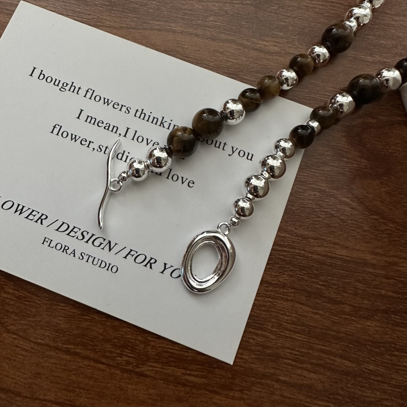 Wholesale 925 Sterling Silver Tiger Eye Stone Silver Beaded OT Clasp Necklace - Image 2