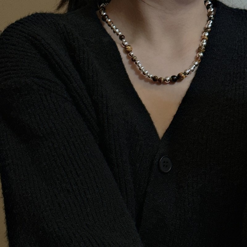 Wholesale 925 Sterling Silver Tiger Eye Stone Silver Beaded OT Clasp Necklace - Image 4