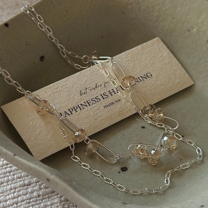 Wholesale 925 Sterling Silver Champagne Crystal Paperclip Chain Double-layered Necklace