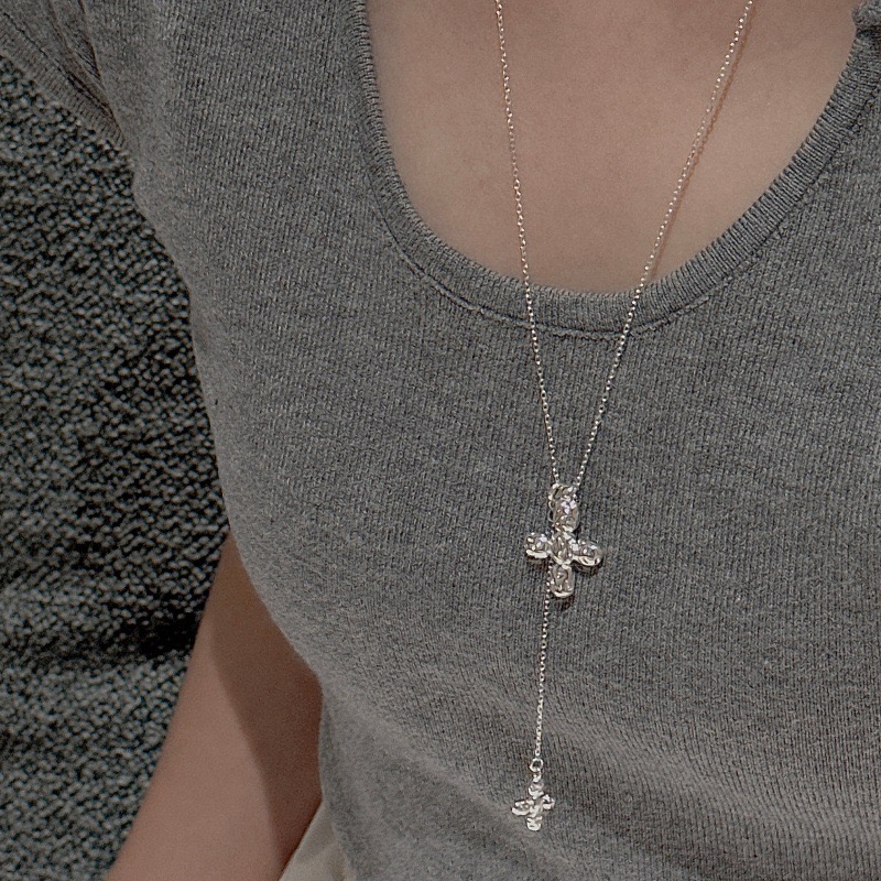 Wholesale 925 Sterling Silver Minimalist Double Cross Long Necklace - Image 6
