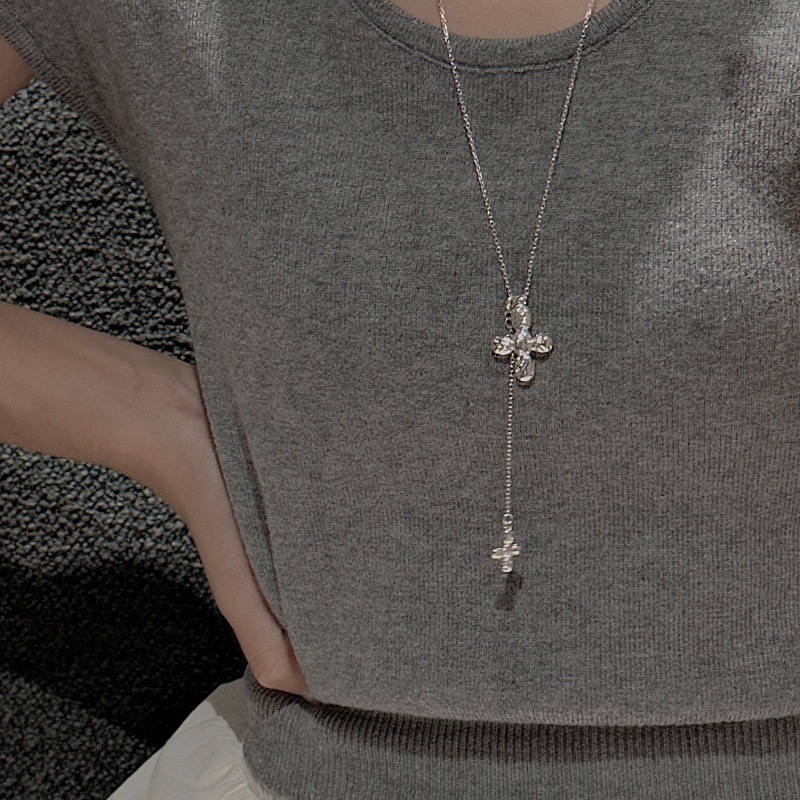 Wholesale 925 Sterling Silver Minimalist Double Cross Long Necklace - Image 5