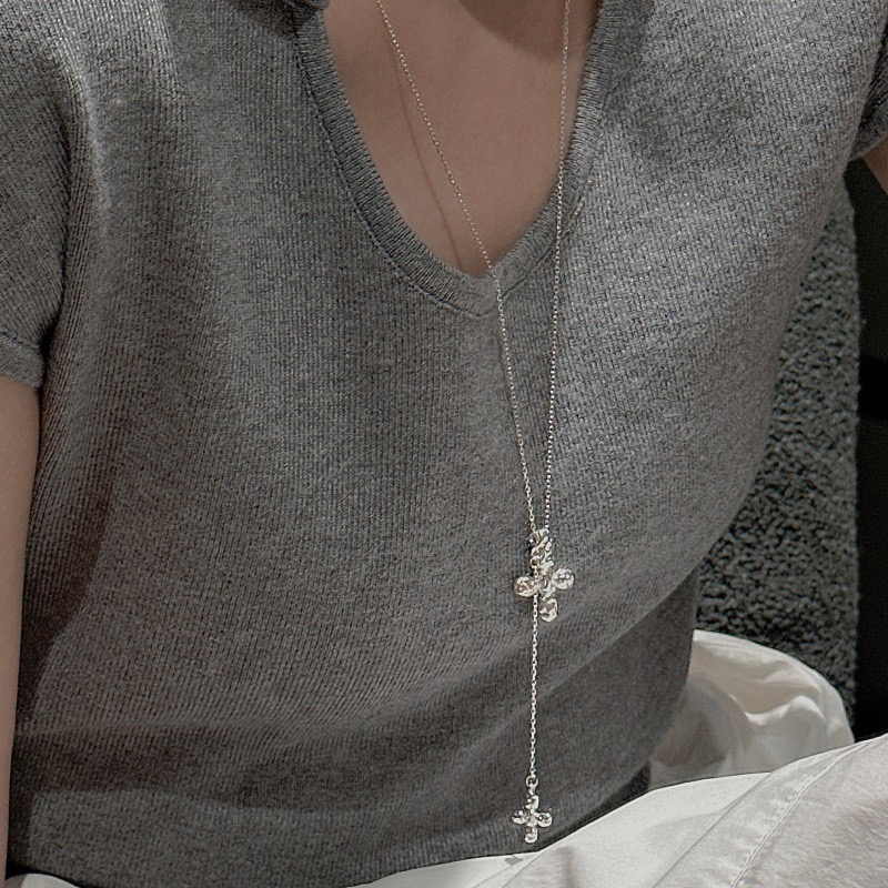 Wholesale 925 Sterling Silver Minimalist Double Cross Long Necklace - Image 4